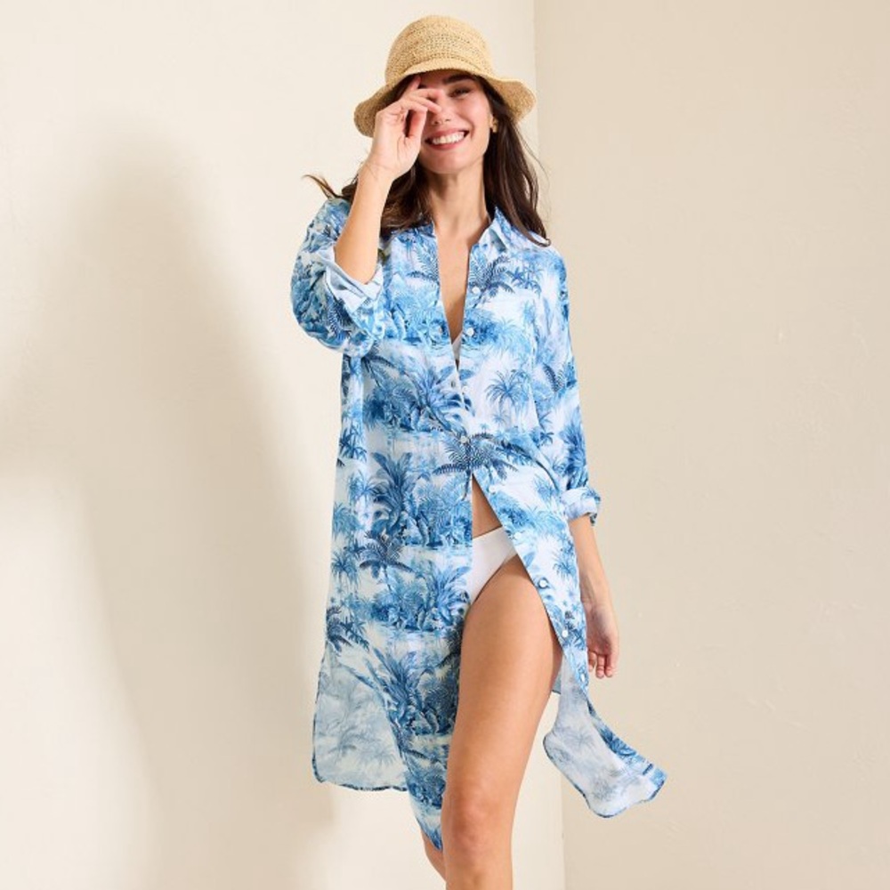 New Tommy Bahama
St. Lucia Linen-Blend Toile Coverup Shirt Dress Indigo Tide